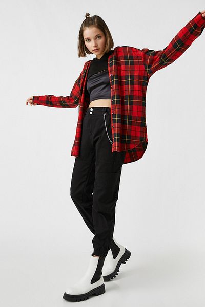 Koton Hooded Long Sleeve Plaid Shirt