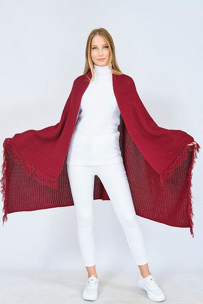 Ocean Burgundy Tasseled Knitwear Shoulder Shawl