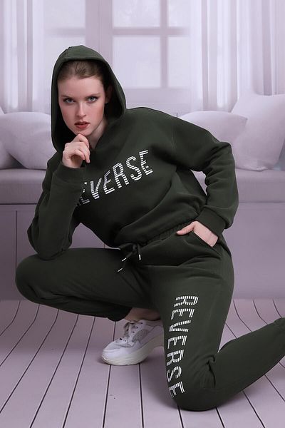Deafox Khaki Reverse Print Women's Tracksuit Set