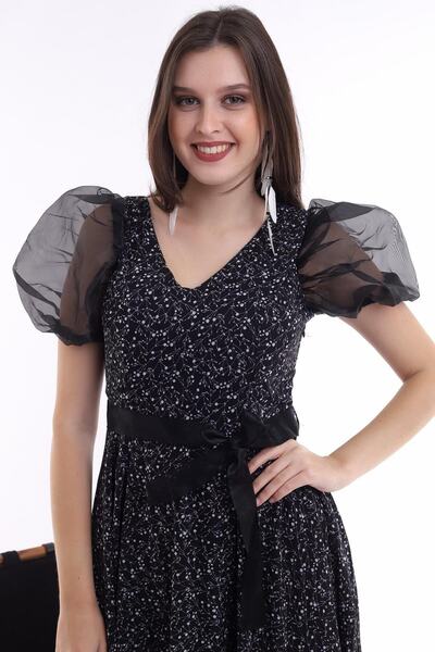 Ceylen Organza Balloon Sleeve V-neck Chiffon Flared Mini Dress