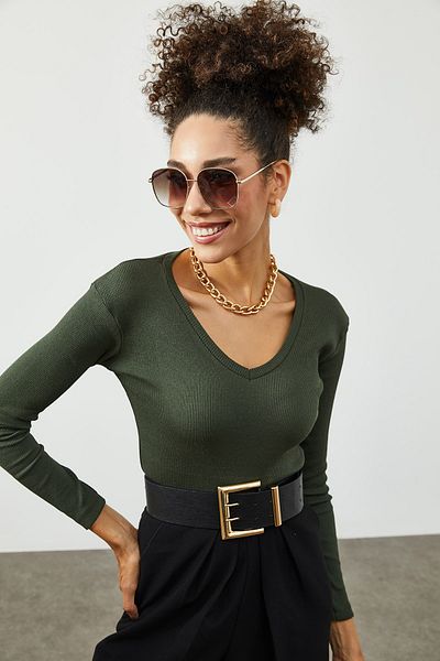 XHAN Women's Khaki V-Neck Camisole Blouse 2KZK2-12062-09