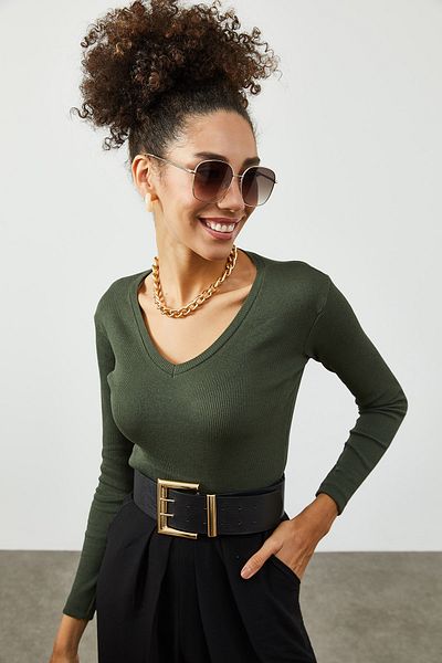 XHAN Women's Khaki V-Neck Camisole Blouse 2KZK2-12062-09