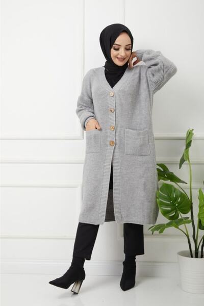 Pamuk Butik Γυναικεία Πλεκτά Γκρι Ζακέτα με Κουμπιά Τσέπη