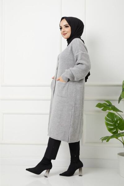 Pamuk Butik Γυναικεία Πλεκτά Γκρι Ζακέτα με Κουμπιά Τσέπη