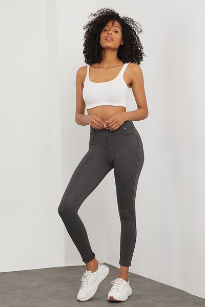MRS.MODA Pantaloni de buzunar gri pentru damă, cu aspect de jambiere