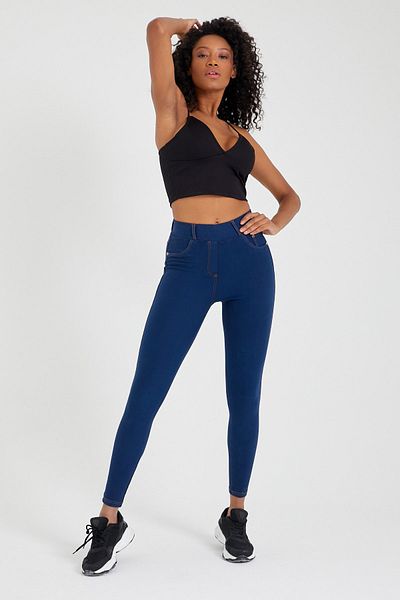 MRS.MODA Pantaloni cu talie înaltă, cu buzunare, spălate, de culoare albastră, cu aspect de jambiere
