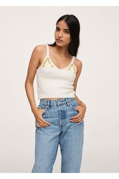 MANGO Woman Women's Ecru Floral Knitted Crop Top