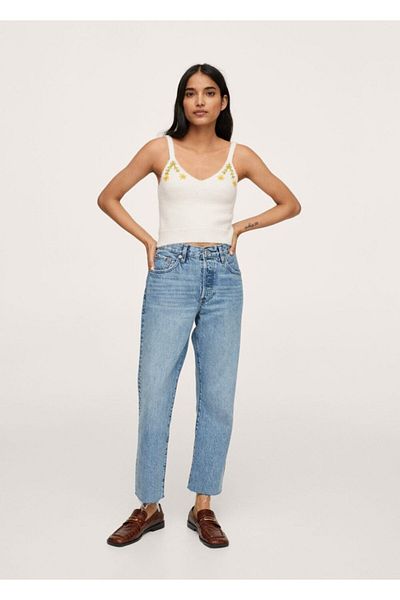 MANGO Woman Women's Ecru Floral Knitted Crop Top