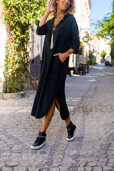 Güneşkızı Women's Black Washed Linen Half Placket Pocket Dress GK-RSD2083