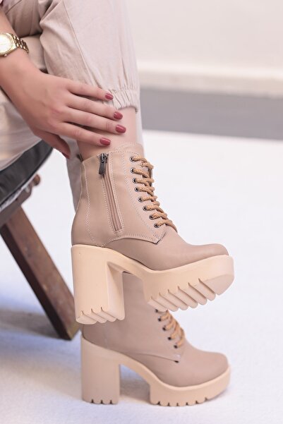 Mamito Ayakkabı Jvl 004 Lace Up Λεπτομέρεια Ψηλοτάκουνες Μπότες Nude
