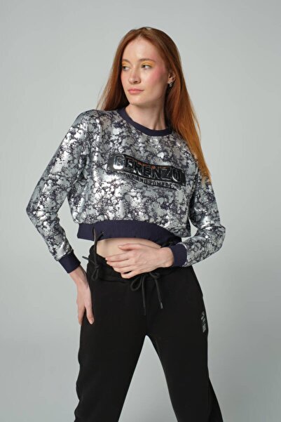 DAVID&GERENZO Lacivert Parlak Crop Sweatshirt