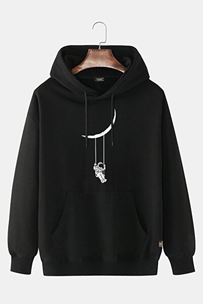 collis Unisex Μαύρη μπλούζα με κουκούλα King με στάμπα και λεπτή εφαρμογή