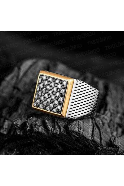 Takılingo Siyah Beyaz Zirkon Taşlı Damalı Bayrak Motifli Satranç Tahtası Gümü...