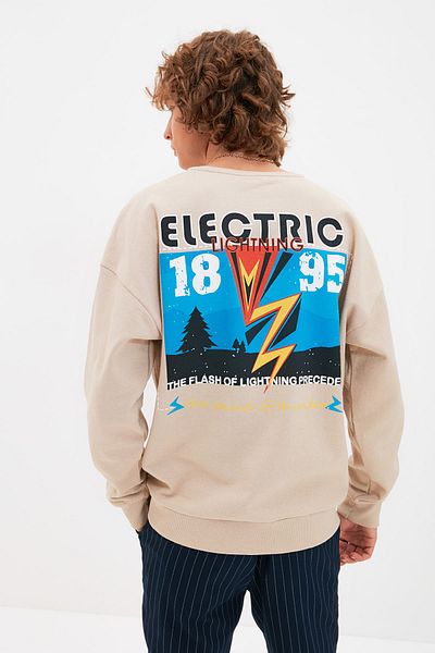 Trendyol Collection Μπεζ φούτερ με στάμπα Fleece με λαιμόκοψη - TMNAW22SW0799