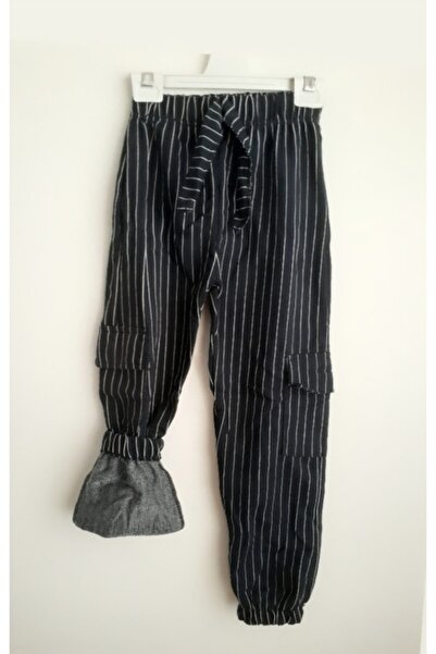 Elvinsa Lacivert Beyaz Çizgili Beli Lastikli Kargo Cepli Kız Çocuk Mevsimlik Pantolon