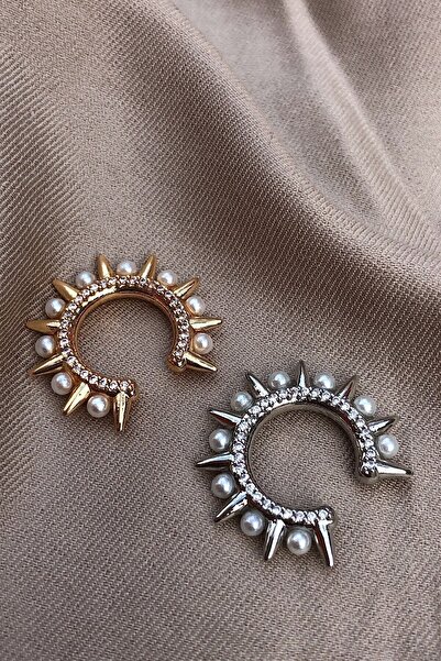 Novon Giyim & Aksesuar Inci Ve Zirkon Taş Detaylı Mohikan Altın Kaplama Tasarım Ear Cuff / Kıkırdak Küpesi