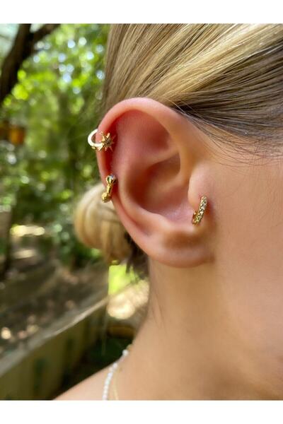 Okkostore Kadın Gold Renkli Taşlı Halka Tragus Kıkırdak Piercing