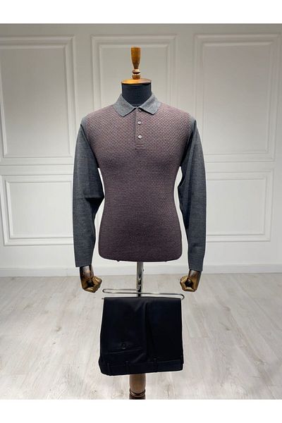 CCS Sarar Men's Anthracite Polo Collar Patterned Knitwear Sweater
