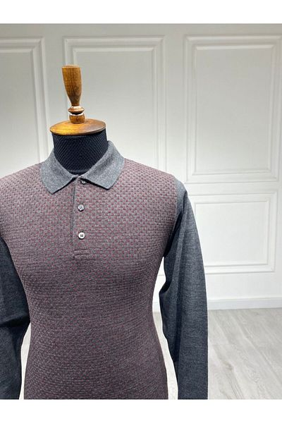 CCS Sarar Men's Anthracite Polo Collar Patterned Knitwear Sweater