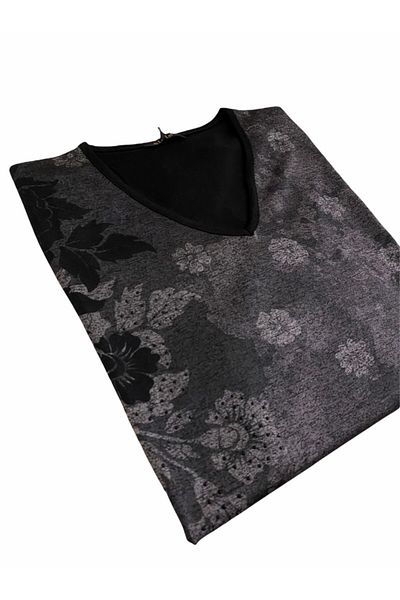 Elele Women's Black Leaf Pattern V-Neck Combed Cotton Blouse