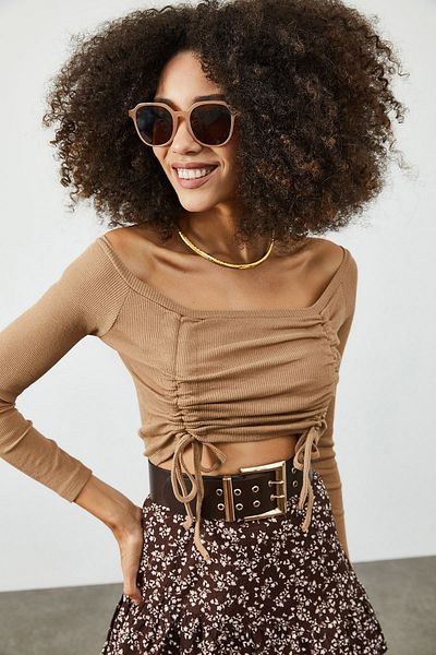 XHAN Women's Beige Gathered Front Camisole Blouse 2KZK2-12083-25