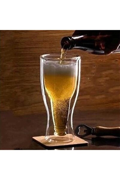 Linan Ware Şişe Tasarımlı Çift Cidarlı Cam Bardak, Bira Meşrubat 350 ml