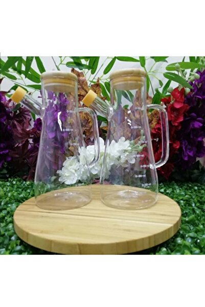 morponi 2'li Borosilikat Bambu Kapaklı Cam Yağlık Sütlük Sosluk 900 ml