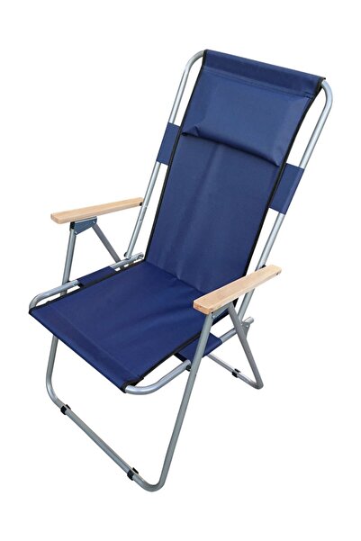 Weehome Başlıklı Ahşap Kollu Katlanabilir Piknik Kamp Balkon Sandalyesi Lacivert