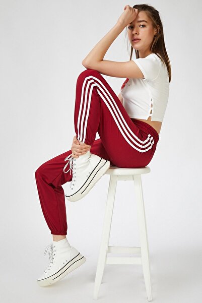 HAKKE Kadın Bordo Şeritli Rahat Basic Eşofman Altı