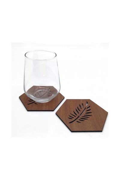 evdeucuz Leaf Patterned Wooden Coasters-6 Pieces