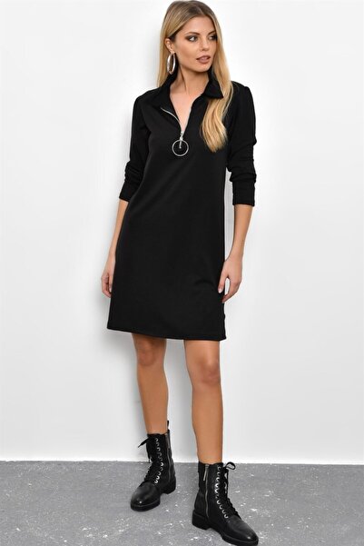 AQE FASHION Kadın Yakası Fermuar Detaylı Siyah Elbise