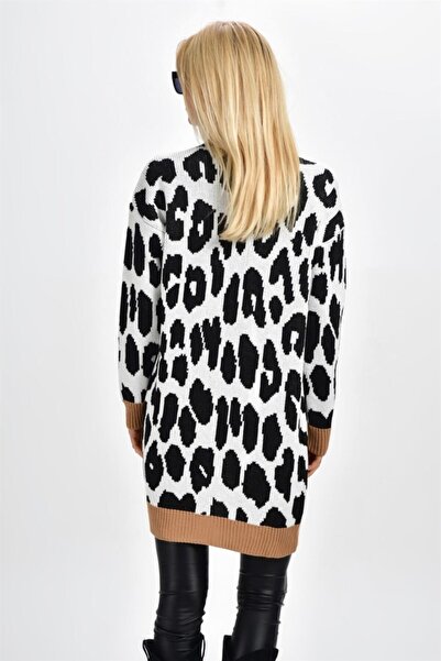 AQE FASHION Women's Leopard Patterned Long White Cardigan