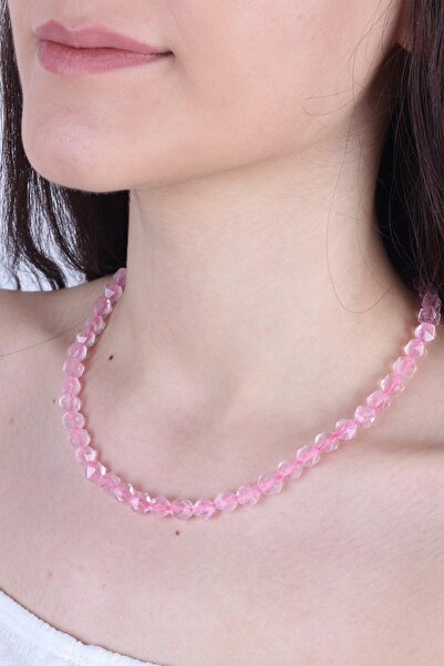 Dünya Doğal Taş Pembe Kuvars Taşlı Kadın Kolye - 200197