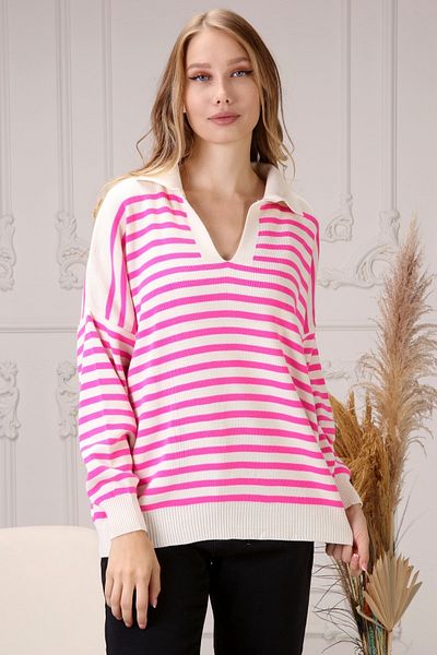 Luna Carina Tricot cu dungi roz de damă, pulover cu gât polo