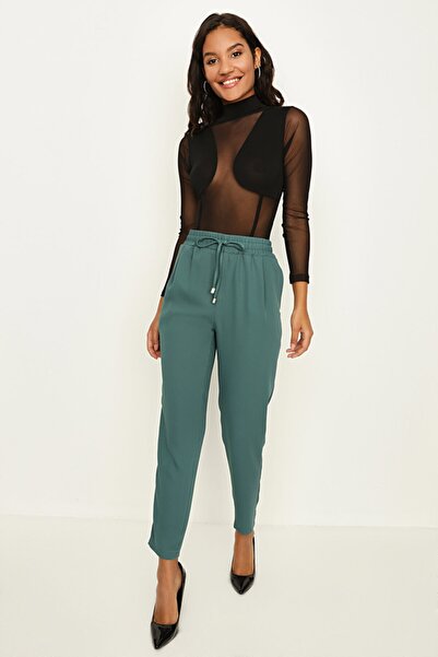 Select Moda Γυναικείο παντελόνι Petrol Green με ελαστική μέση casual κοπής