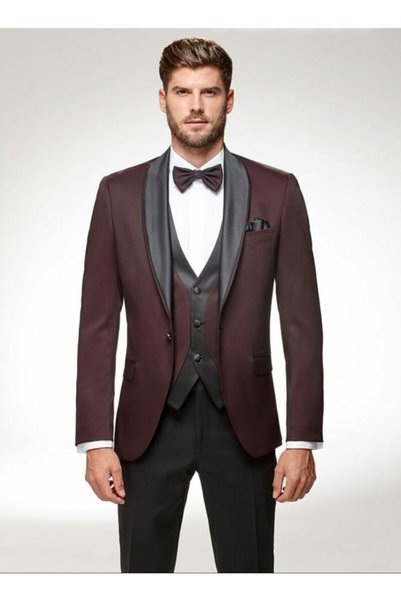 ADİMO Erkek Slim Fit Şal Yaka Bordo Damatlık