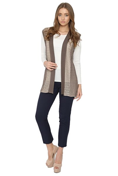 Uludağ Triko Жіночий жилет кольору візону та піску - круазе комір, мерсеризований дизайн
