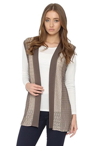 Uludağ Triko Жіночий жилет кольору візону та піску - круазе комір, мерсеризований дизайн