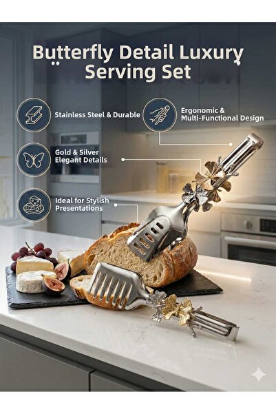 LOVYCO Luxury Set of 2 Steel Presentation and Serving Tongs with Butterfly Fi...