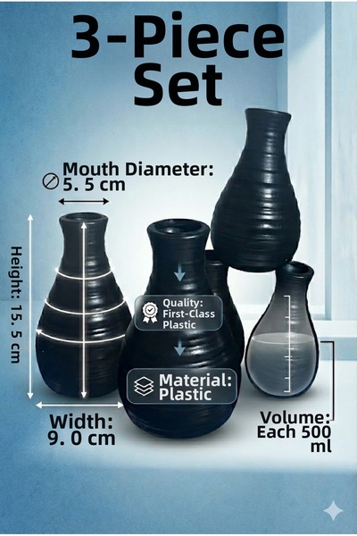 RİVO HOME DECOR Set of 3 Decorative Plastic Vases 500 ml – Black Modern Desig...