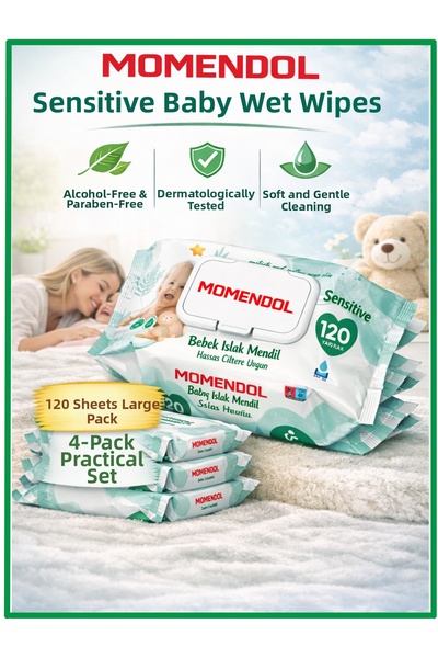 momendol مناديل مبللة للأطفال الحساسة 120 منديل، عبوة عملية من 4 قطع - أساسها...