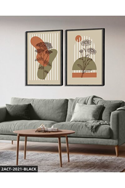 Evinemoda Boho Style Lines and Flowers 2 Piece Wooden Framed Painting Act