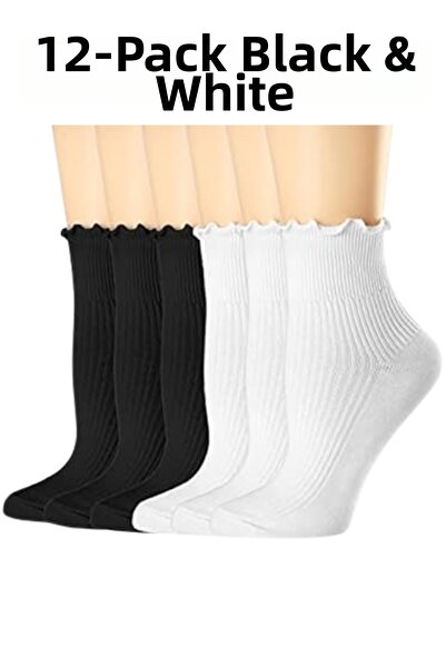 MODASFORM 12 Pairs Women's Black and White Socks Sports Socks Washable Ruffle...