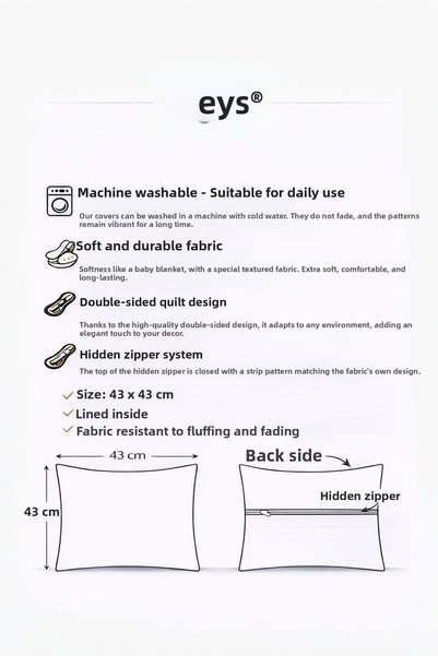 Eys Husă de pernă din bumbac imprimată digital pe ambele părți – cu fermoar ascuns, căptușită (43×43 cm) SET de 4
