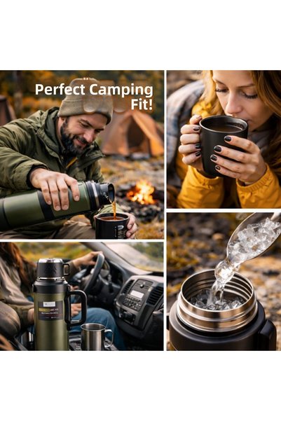 Polham 2 Liter Camping Thermos – Keeps Hot for 24 Hours/Cold for 36 Hours, 316L Stainless Steel, with Cup and Strainer