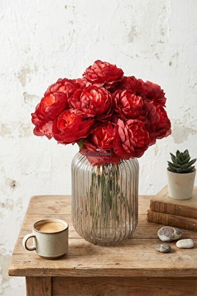 Yapay Çiçek Deposu Artificial Flower 7-Piece Tea Rose Bunch 30 cm Burgundy