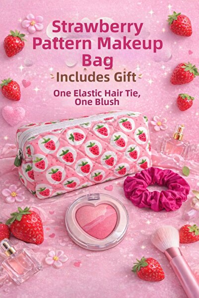 zevonna Strawberry Pattern Large Size Makeup Bag (1 Piece of Blush and Rubber...