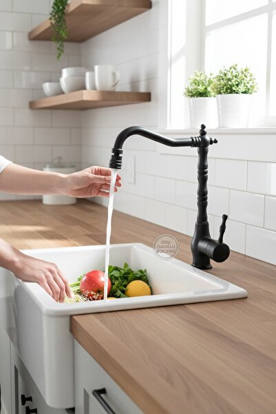 İSAOĞLU YAPI Black Retro Kitchen Faucet with Movable Swivel Head Matte Black ...