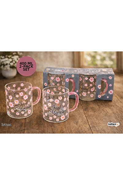 İnterlife Daisy Patterned Glass Mug 400 ml Set of 2 |   Good Morning Written ...