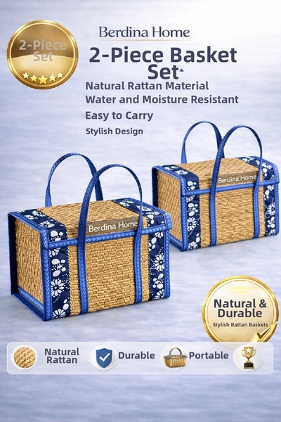 Berdina Home 2-Piece Wicker Basket Natural Handmade with Lid Portable Durable...